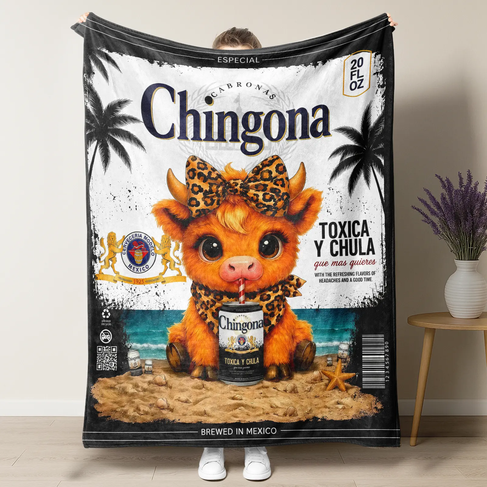 Chingona Latina Highland Cow Fleece Blanket Leopard Bow Printed Soft Flannel Throw for Bed Sofa Home Decor Cute Mexican Graphic Cozy Unique Birthday Gift Women Culture Ultra Lightweight Bedroom Living Room Summer Vibes