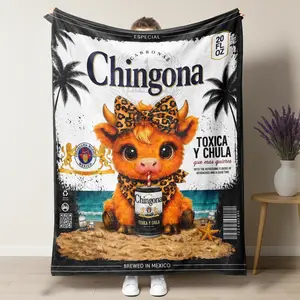 Chingona Cute Highland Cow Leopard Bow Mexican Beer Label Flannel Throw Blanket,Mexican Latina Culture Home Decor Sofa Blanket, Unique Birthday Gift for Latina Women & Highland Cow Lovers,summervibes