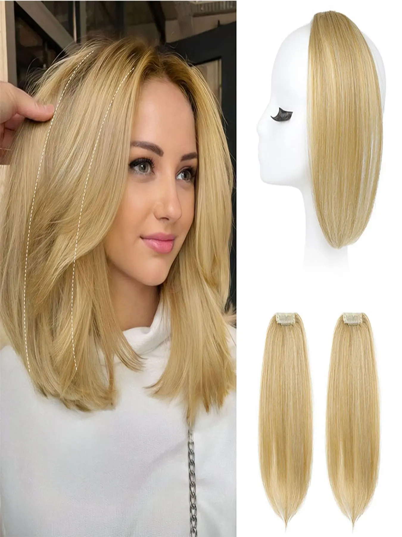 Clip-On Hair Volume Enhancer, 2 Pcs 12 Inch Short Thick Clip-In Extensions, Women's Straight Hairpiece for Fuller Look, Easy to Use