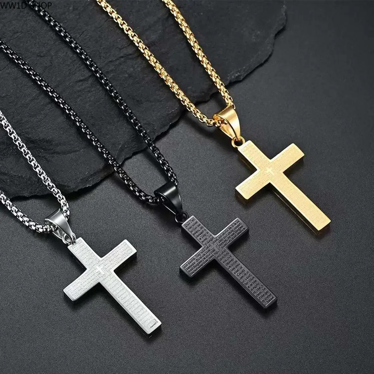 Unisex Religious Cross Necklace With Scripture Inspired Pendant, Golden Silver Black Artificial Gemstone Chain Jewelry for Men and Women Daily Wear Faith Gift Accessory, Cross Design Necklace, Necklace And Chain