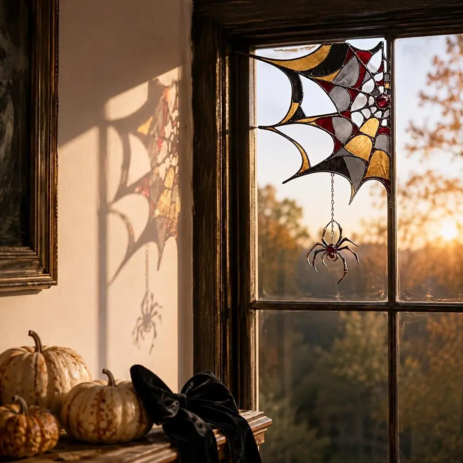 Vintage Halloween Spider Web Window Cling, Gothic Stained Glass Spider Decor with Ruby Spider Pattern, Double Sided Visible Electrostatic Film Sticker, No Glue No Residue Reusable Decal for Home, Cafe, Bar, Party & Horror House Decorations