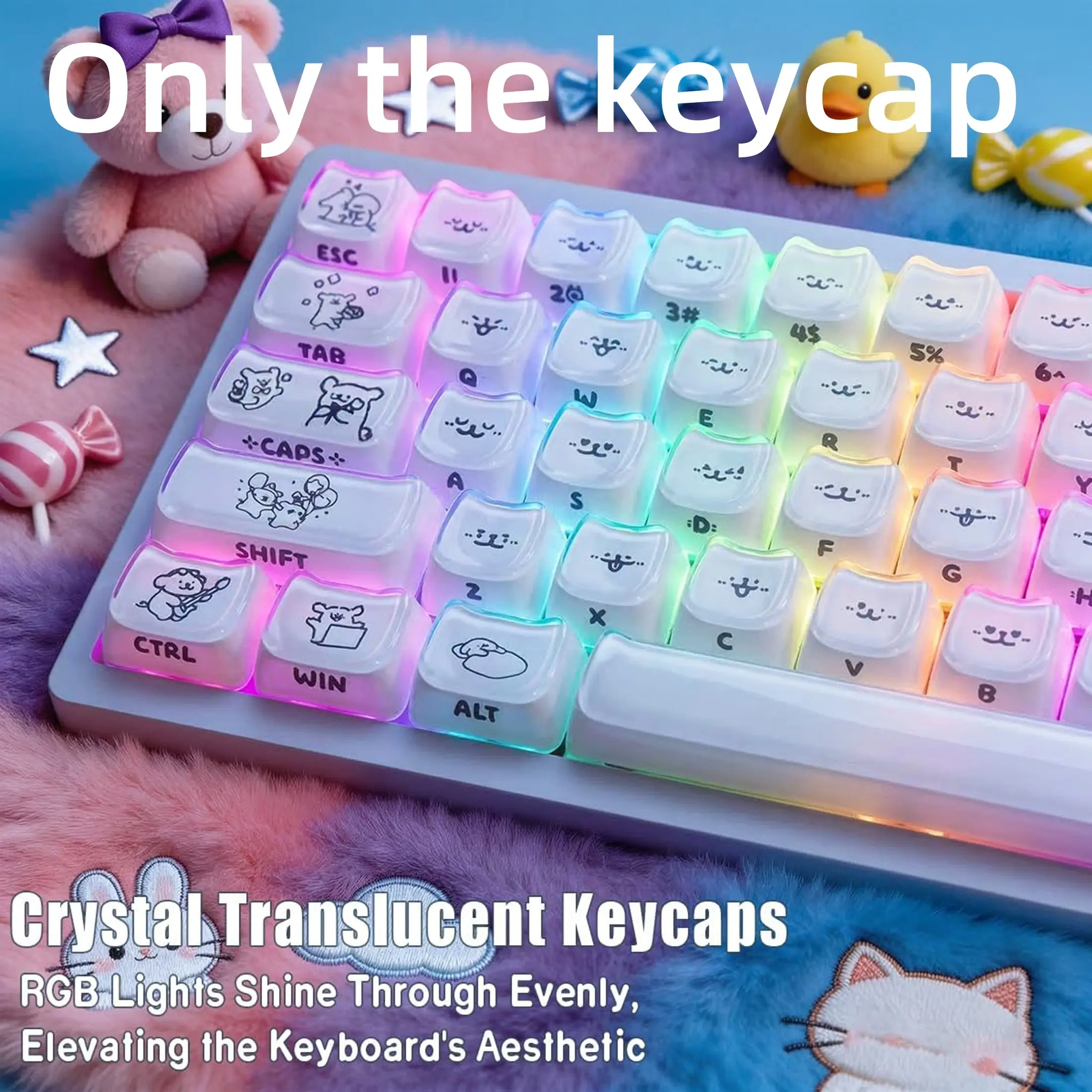 Jelly Keycaps Cute Doggie, Crystal Mao Profile, Custom Side Printed, 60 65 75 100% Cute, Mx Switches Mechanical Keyboard Keycap Set, ABS Keycaps