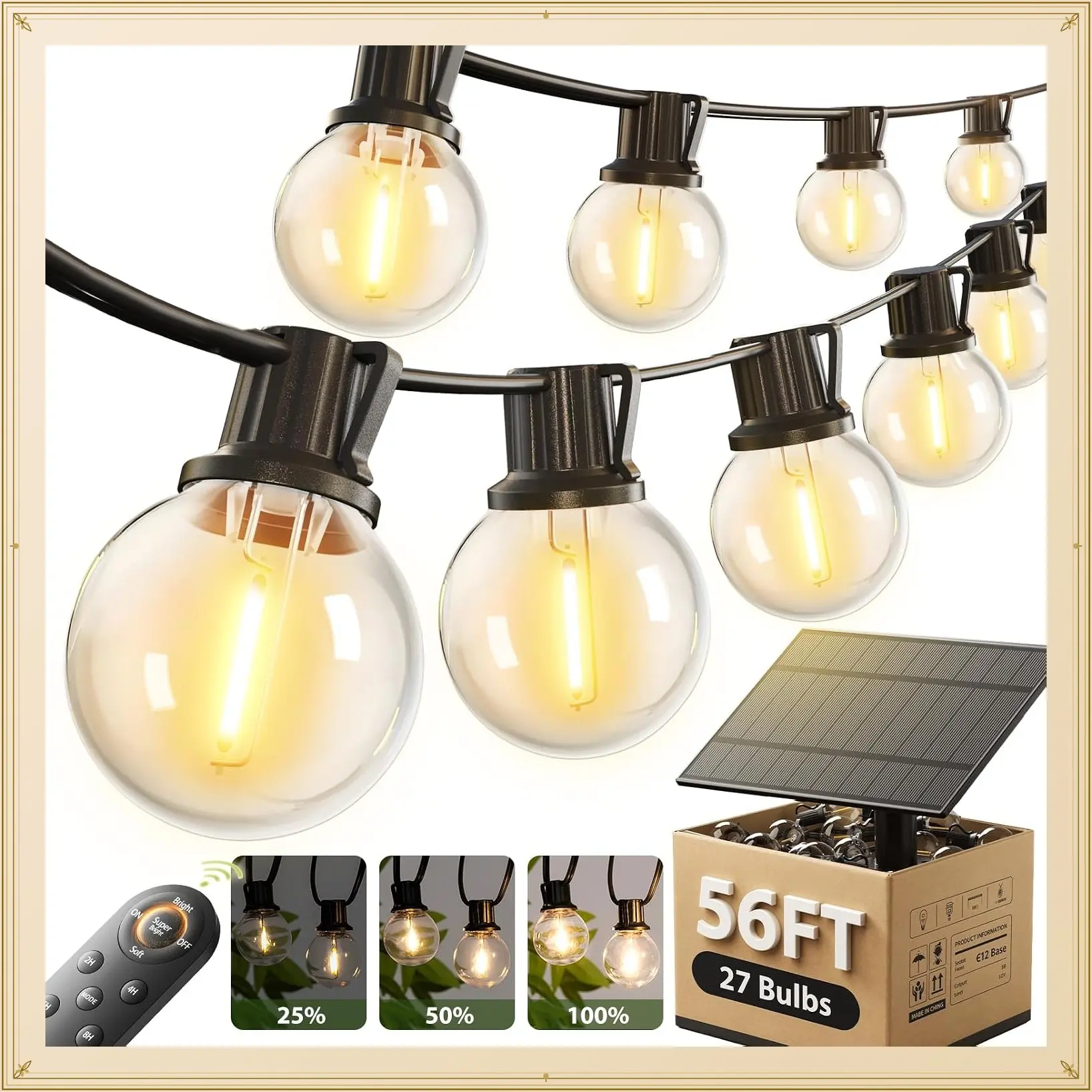56FT Solar Powered & USB Charging String Lights Outdoor with Remote, 27 LED G40 Bulbs, Dimmable Waterproof for Patio, Camping, BackyardGift