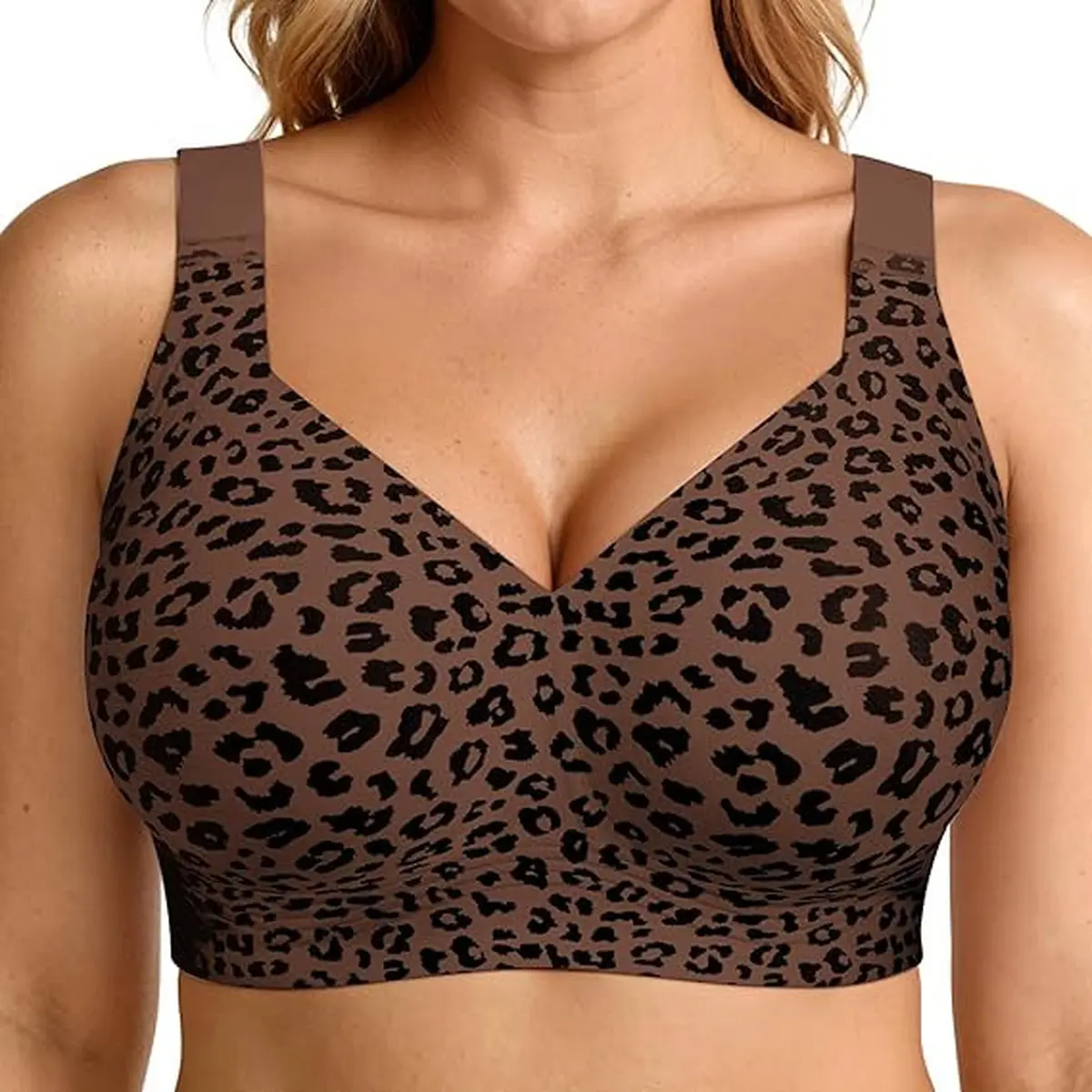 ZQ Women Plus Size Leopard Print Bra Jelly Soft Support Wireless Stretch Underwear
