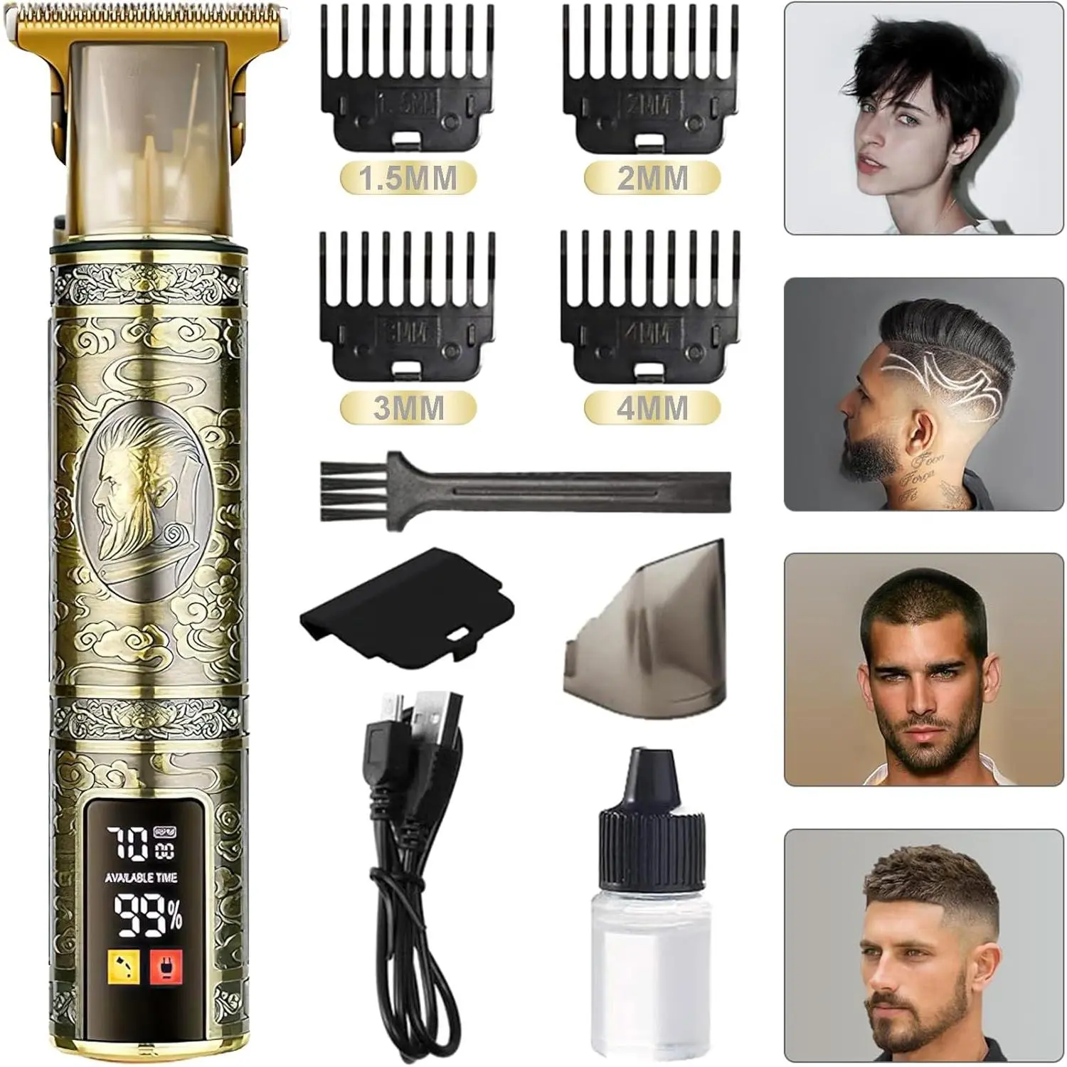 Men's Cordless Electric Hair Clippers with LED Display, T-Blade Beard Trimmer, 4 Guide Combs Kit, USB Rechargeable - Professional Home Haircut Tool, Default