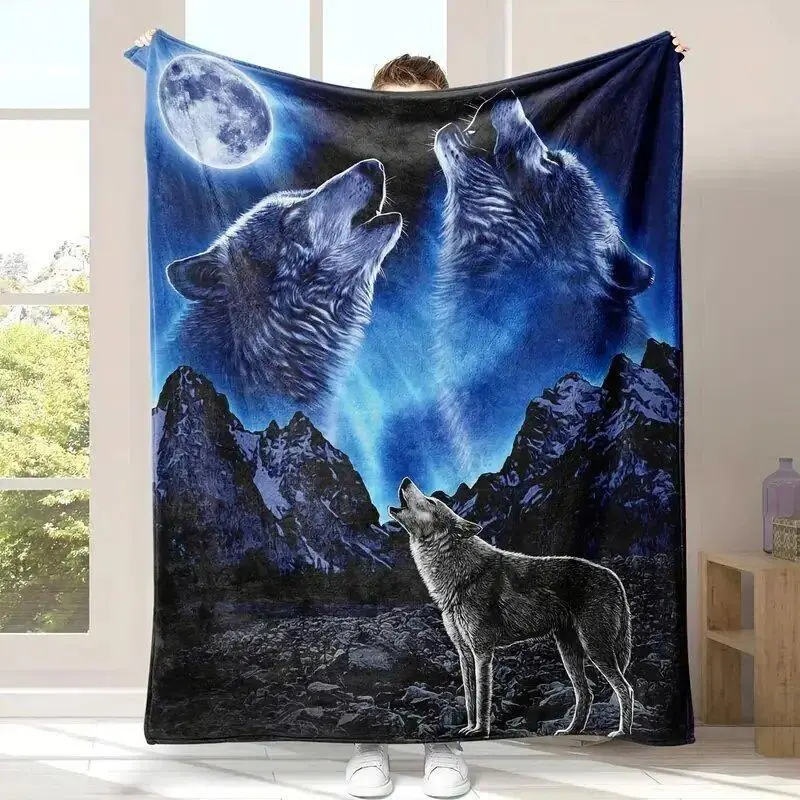Stylish Wolf Print Soft Fluffy Cozy Warm Flannel Throw Blanket, Multifunctional Home Office Travel Bedroom Decor, Matches cooling blankets pillows couch cover for sofa bedding set comforter set, Birthday Holiday Warm Gift For Friends, Indoor/Outdoor