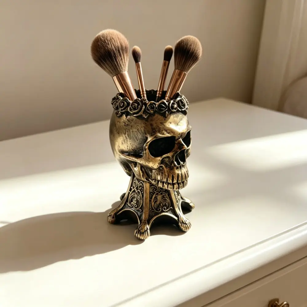 Gothic Rose Skull Resin Storage Bucket, Vintage Bronze Skeleton Vase, Multi-Functional Design, Decoration, Ideal for Gothic Lovers, Halloween Enthusiasts, Home Decorative Vase