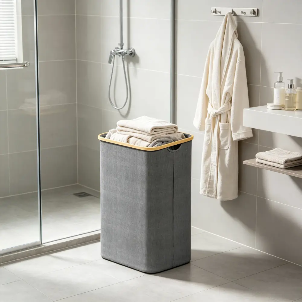 YFMHK Dark Grey Linen Laundry Hamper with Bamboo Rim Lid, Foldable Waterproof Tall Dirty Clothes Basket, Slim Laundry Bin for Bathroom Bedroom Laundry Room