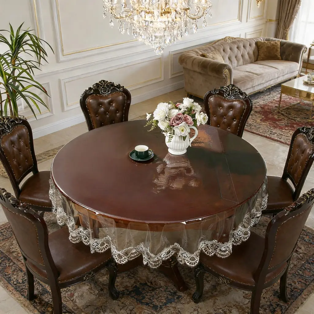 Waterproof Transparent Round Tablecloth with Lace, Heat-Resistant PVC, Easy Clean, Reusable, Elegant, Ideal for Home, Kitchen, Dining, Party, Wedding, Valentine's Day, Holidays, Table Setting