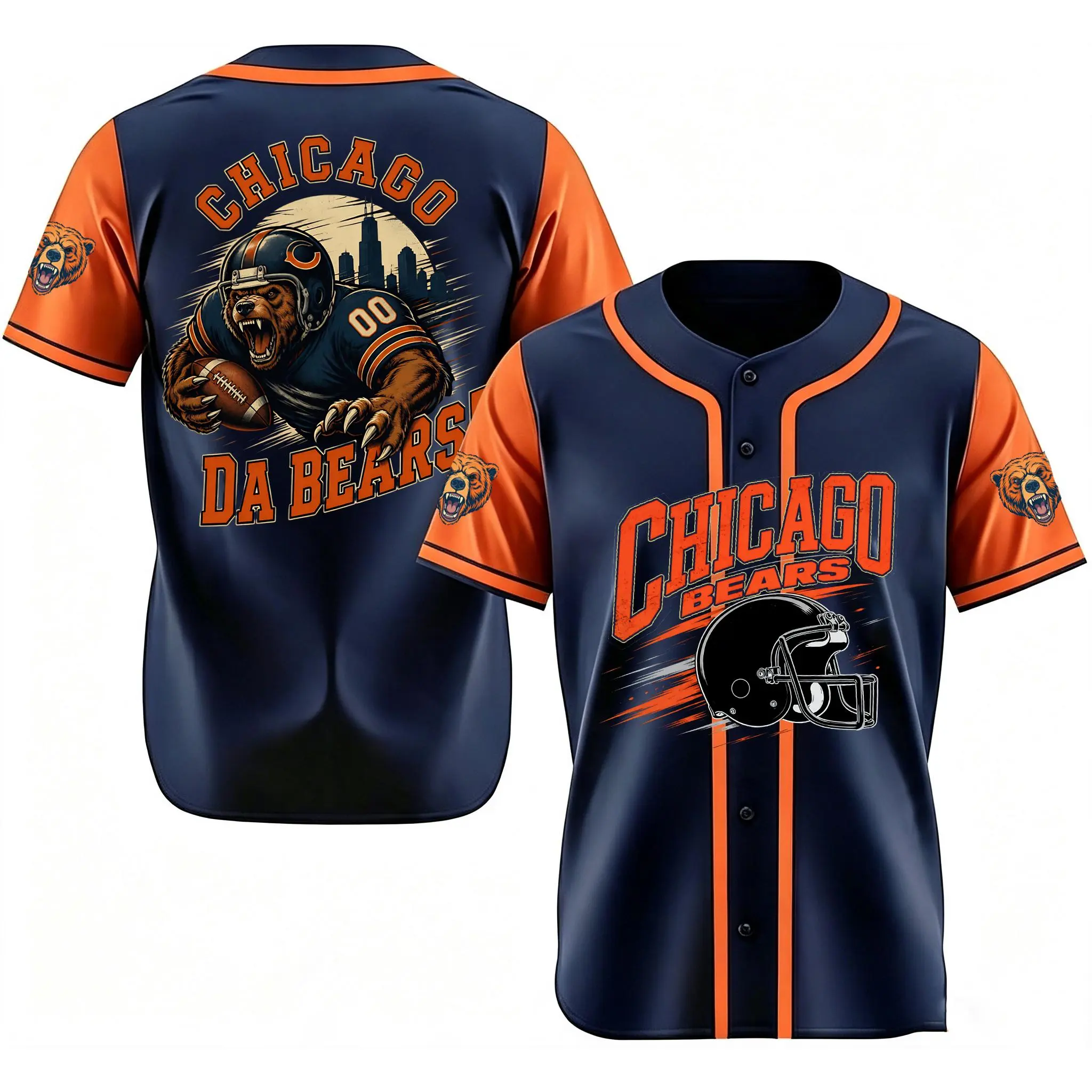 Chicago King Of The North Jersey, Vintage Bear Crown Baseball Shirt for Men & Women, Navy Orange Button Up Game Day Fan Apparel
