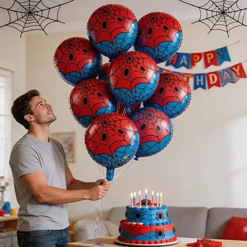 8pcs/18-Inch Blue Spider Grid Round Aluminum Foil Balloons, Halloween Spider Theme Spooky Decor, Party Balloons Decorations, Birthday Wedding Party Gift Balloons