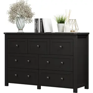 Dresser for Bedroom with 6 Drawers, Farmhouse Wood Chest of Drawers, Wide TV Stand Closet Storage Furniture with Metal Handle, Modern Clothes Organizer for Hallway, Living Room, Entryway, Black