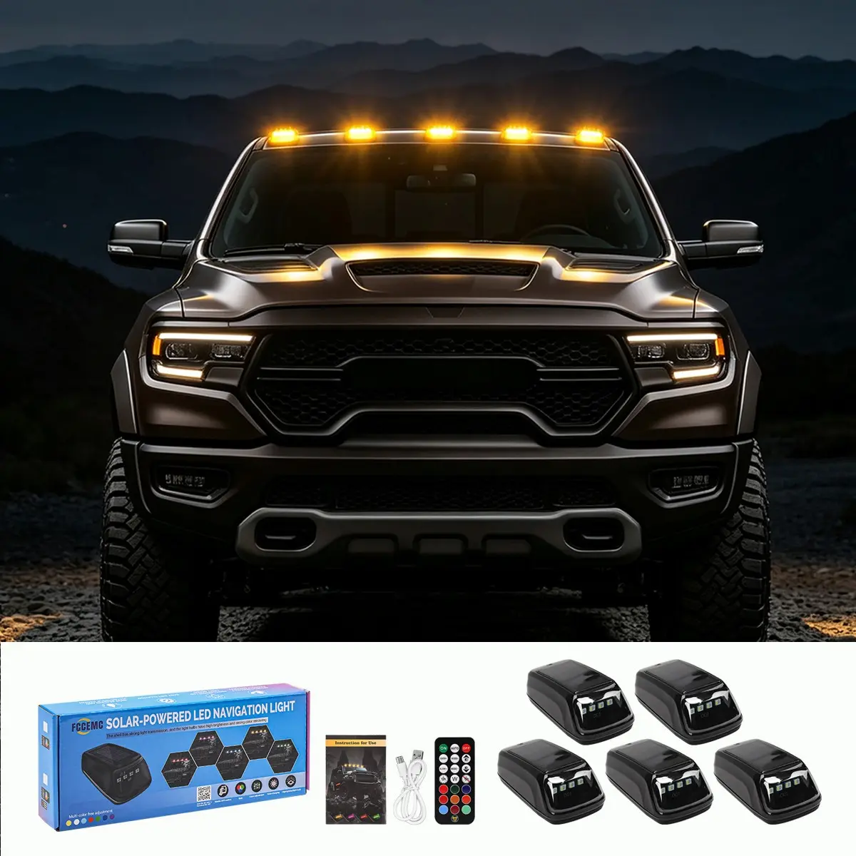 Upgraded Solar APP Remote 5pcs 8 Colors Solar Cab Warning Lights for Trucks, SUV, Roof Running Lights, Vehicle Roof Light RGB No Drill Roof LED Marker Lights with Vibration Sensor, Solar Powered Waterproof Clearance Lights for Semi Truck, Pickup