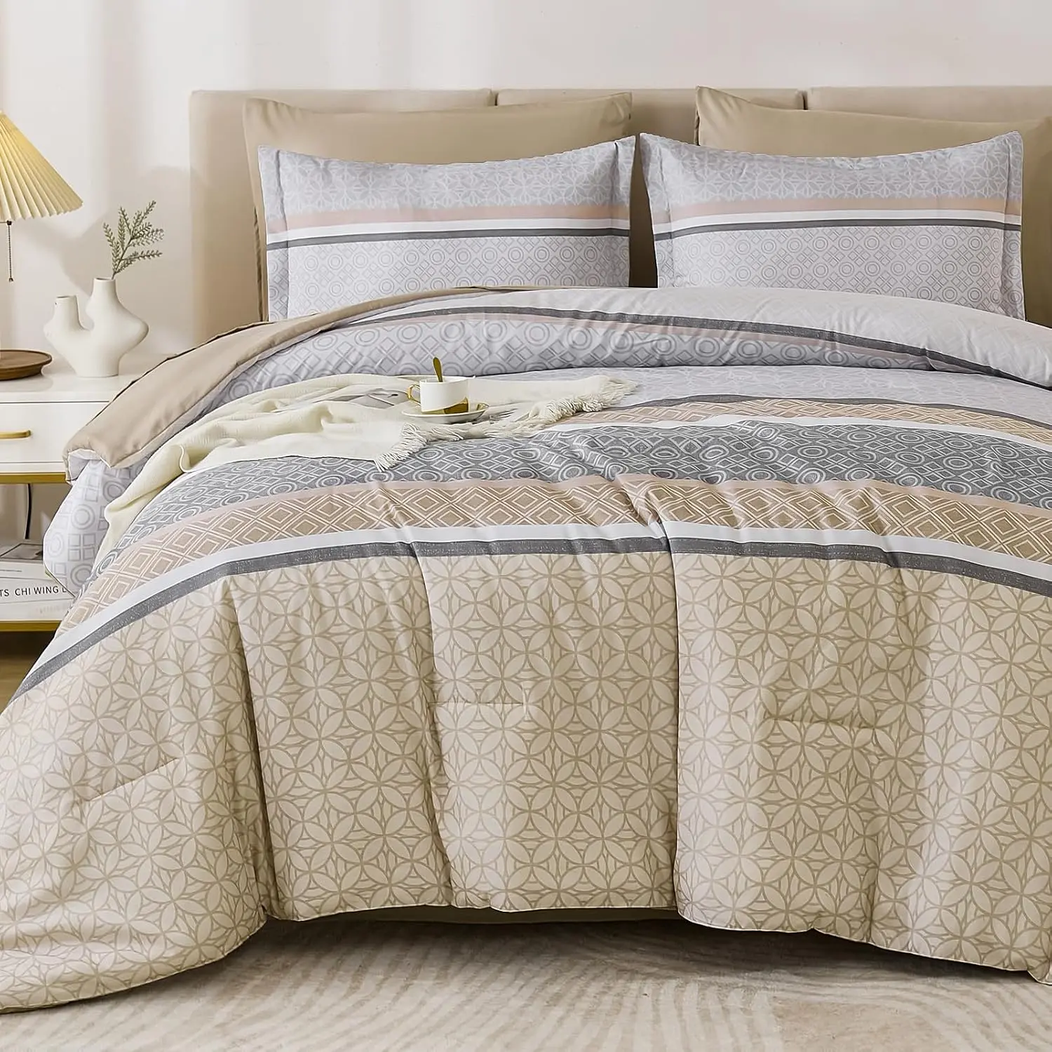 Beige Comforter Set  Size,7 Pieces Striped Bed in a Bag Comforter and Sheet Set,Patchwork Soft Lightweight Micorfiber  Set for  Seaon (90"×104")
