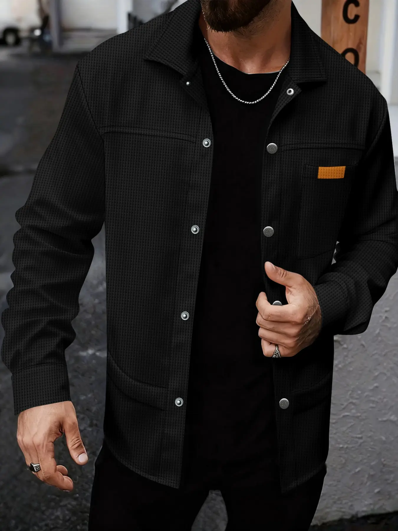 Men's Waffle Texture Workwear Shirt Jacket, Turn-Down Collar Colorblock Pocket Snap Closure, Spring Fall Loose Fit Casual Jacket