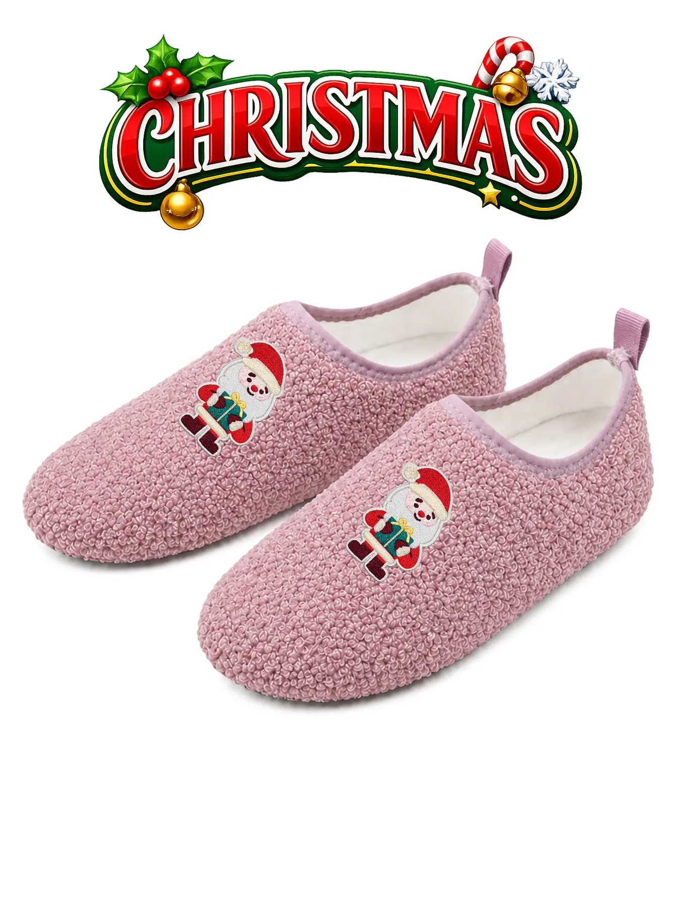 JEKO Christmas Cotton Slippers Festive Santa Bell Ultra Soft Fuzzy House Shoes Closed Heel Winter Warm Anti Slip Unisex Cozy Christmas Gift
