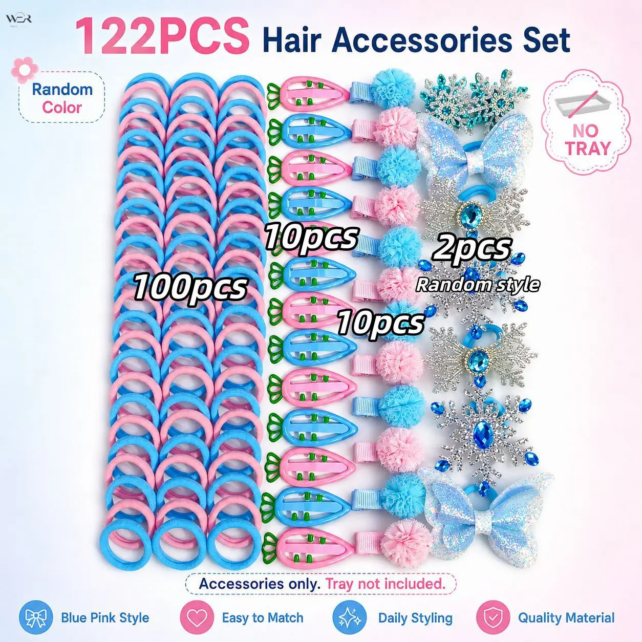 122Pcs Frozen Blue Pink Princess Hair Accessories Set, Rhinestone Snowflake Clips, Glitter Butterfly Hair Ties, Pom Pom Barrettes, Carrot Snap Clips, Bulk Kids Girls Cosplay Daily Hair Decor Kit Without Storage Tray