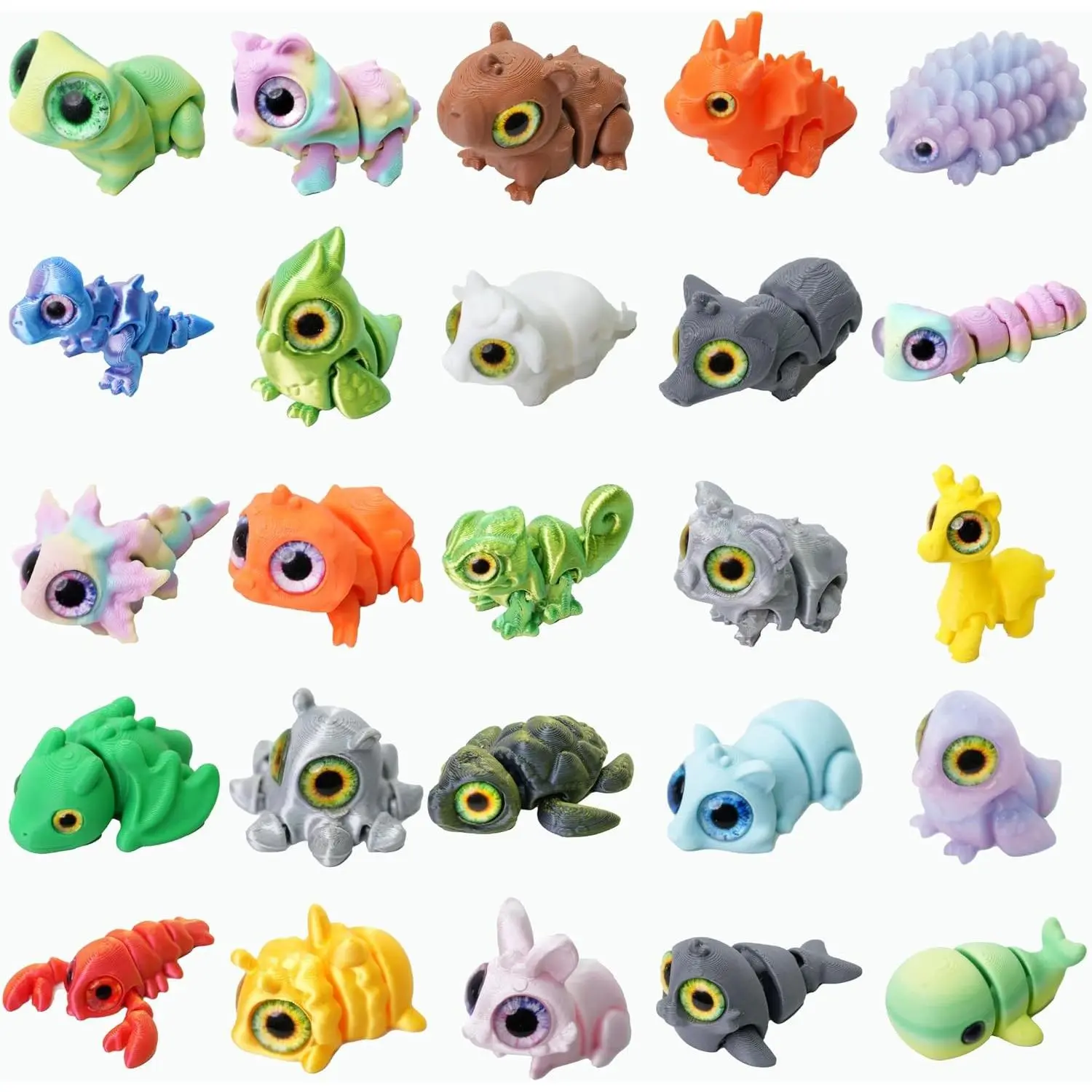 25PC Mini 3D Printed Animals Set with Shining Eyes - Articulated Desk Pets Collection, Mini Animals Figures for Classroom Rewards Bulk, Pocket Pets Fidget Toys Gift