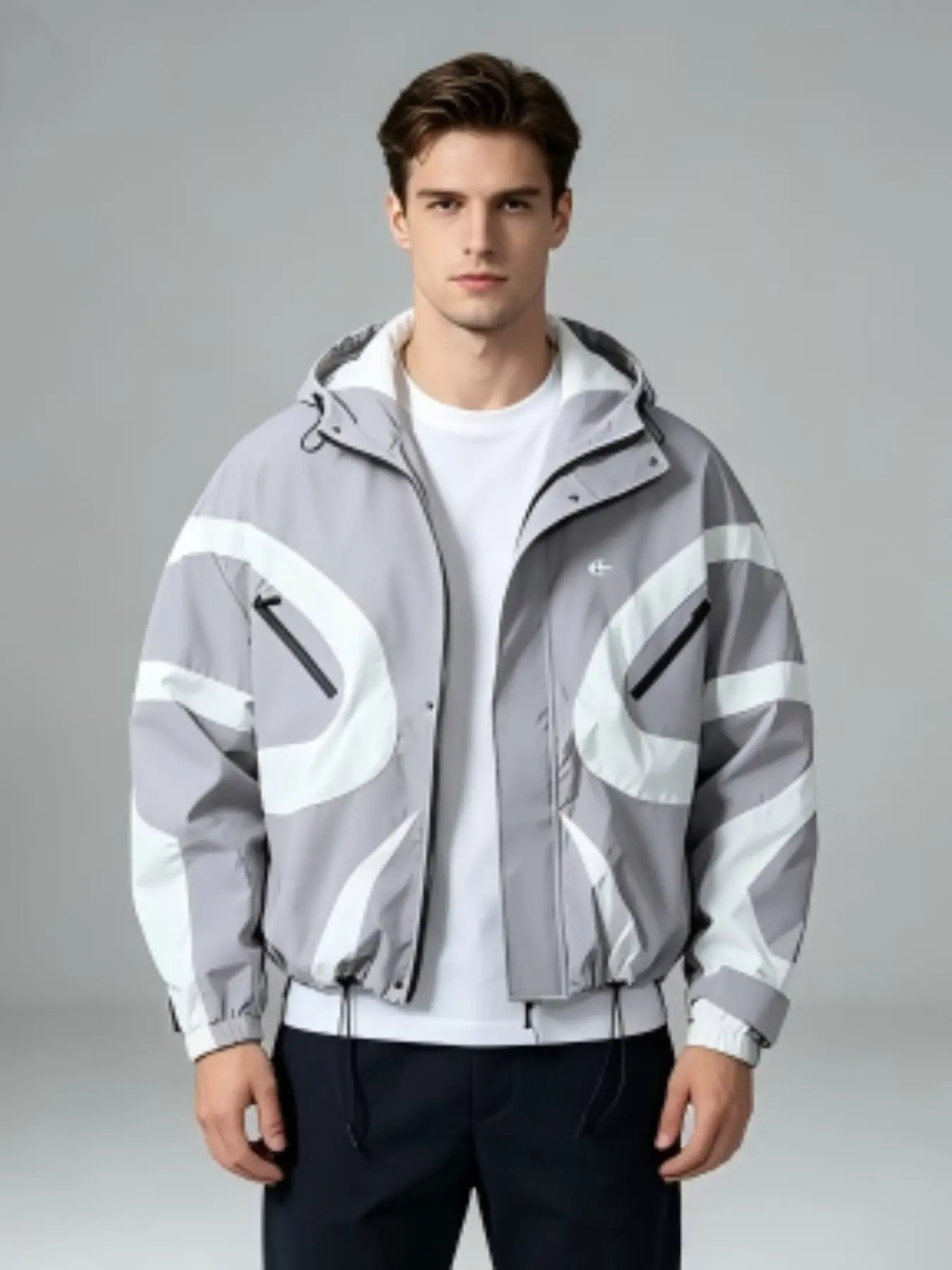 Men's American Vintage Patchwork Hooded Windbreaker, Geometric Print, Windproof Fabric, Loose Fit Slimming, Unisex Style