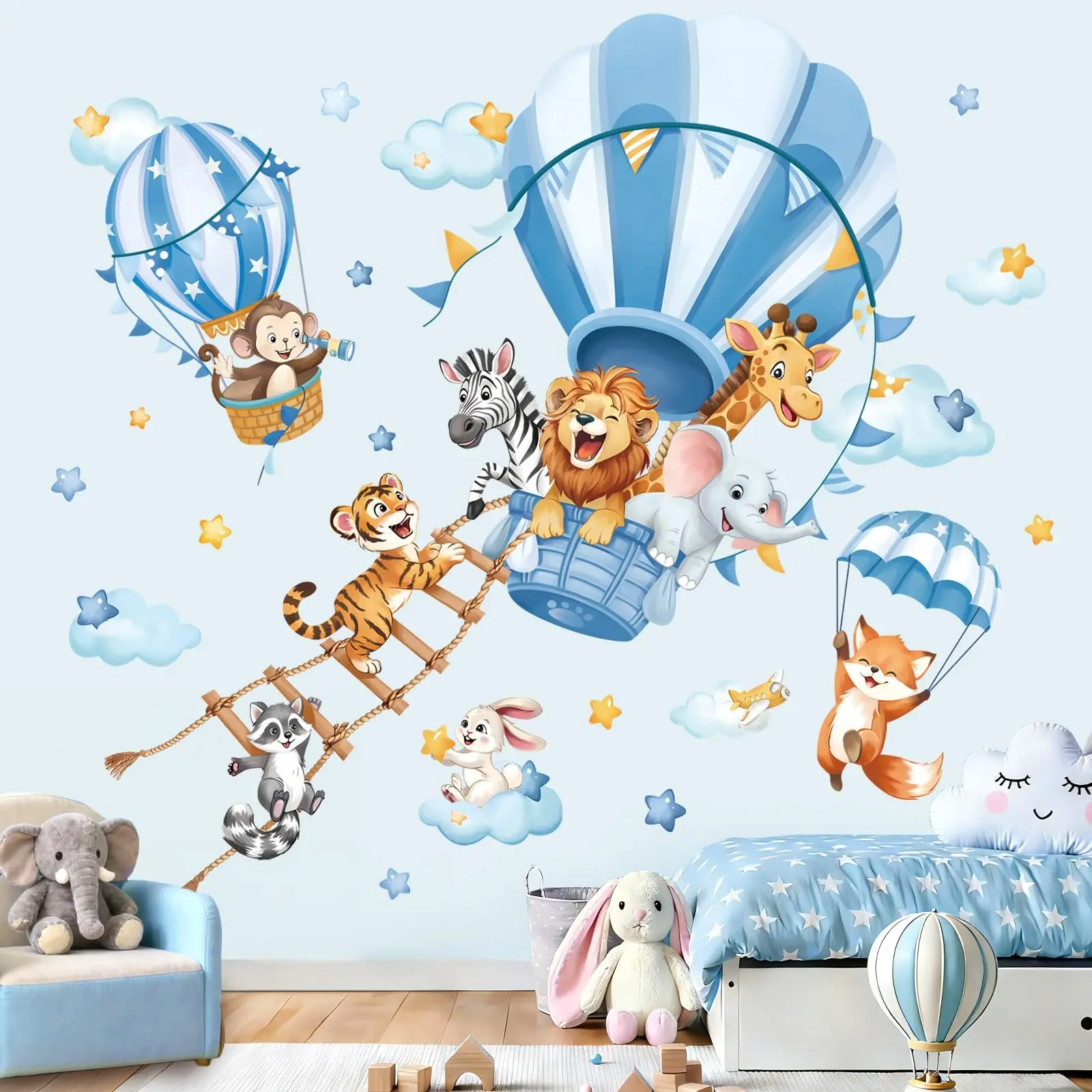 Blue Hot Air Balloon Animal Flying Wall Sticker, Lion Giraffe Tiger Cloud Star, Game Room Bedroom Living Room Decor, Decorative Flat Wall Sticker, Waterproof Wall Decals