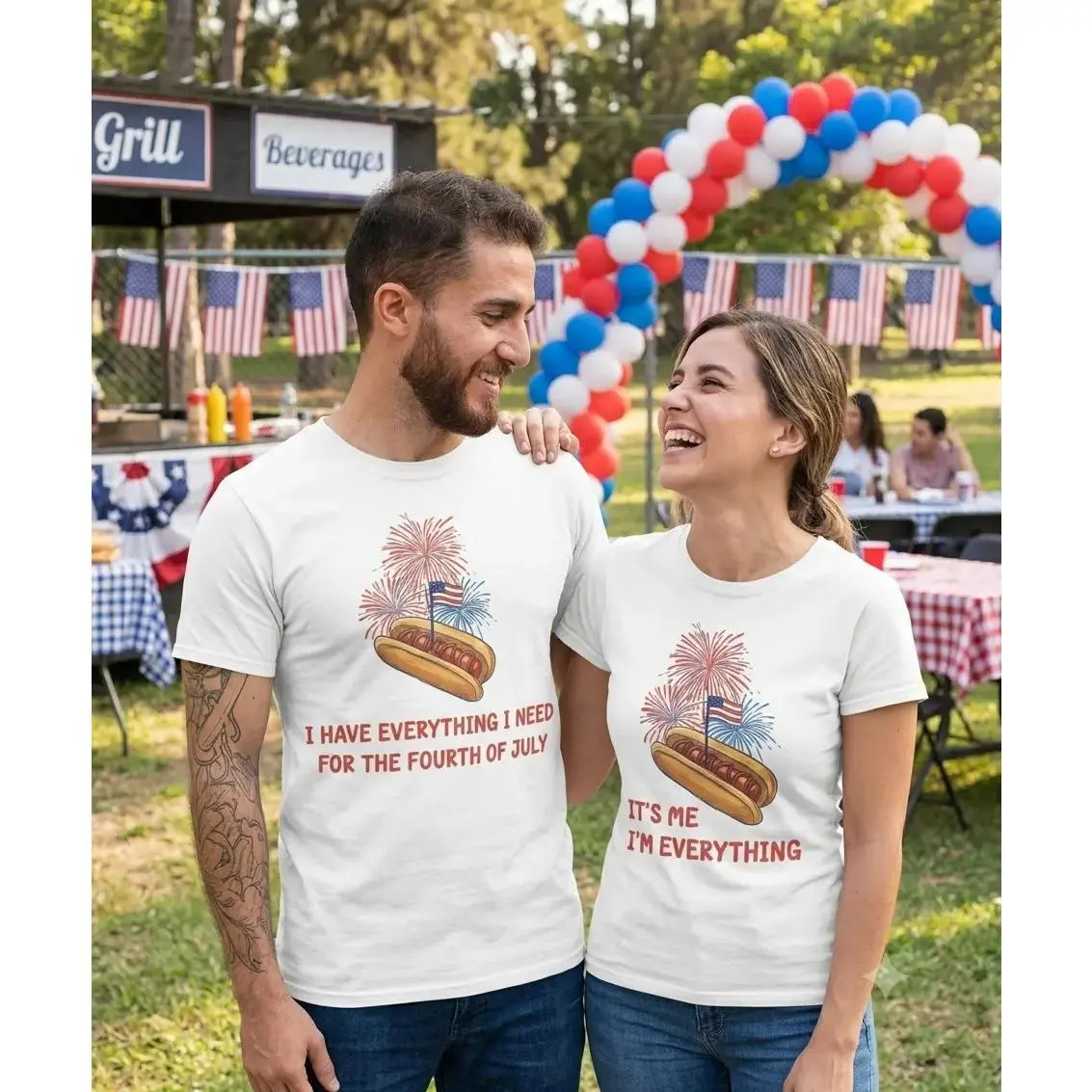 SageSprint Patriotic Couples Shortleeve Sports Tops Set - "I Have Everything I Need" & "It's Me I'm Everything" Round Neck, All-Seasons, Machine Wash Casual Lightweight His & Hers Tees