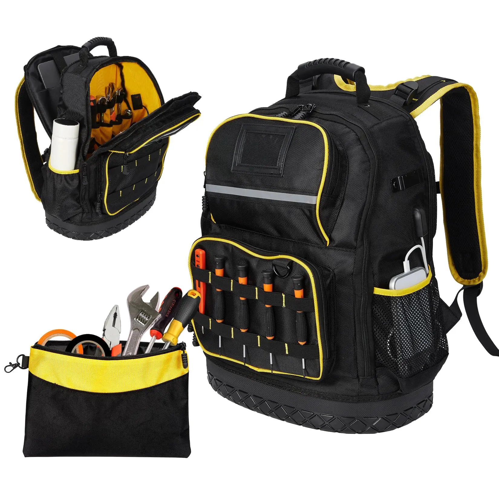 Heavy Duty 18-Inch Tool Backpack – Water-Resistant Oxford with Hard Bottom – Multiple Pockets – Laptop Compartment – Durable Electrician Technician Tool Bag Organizer