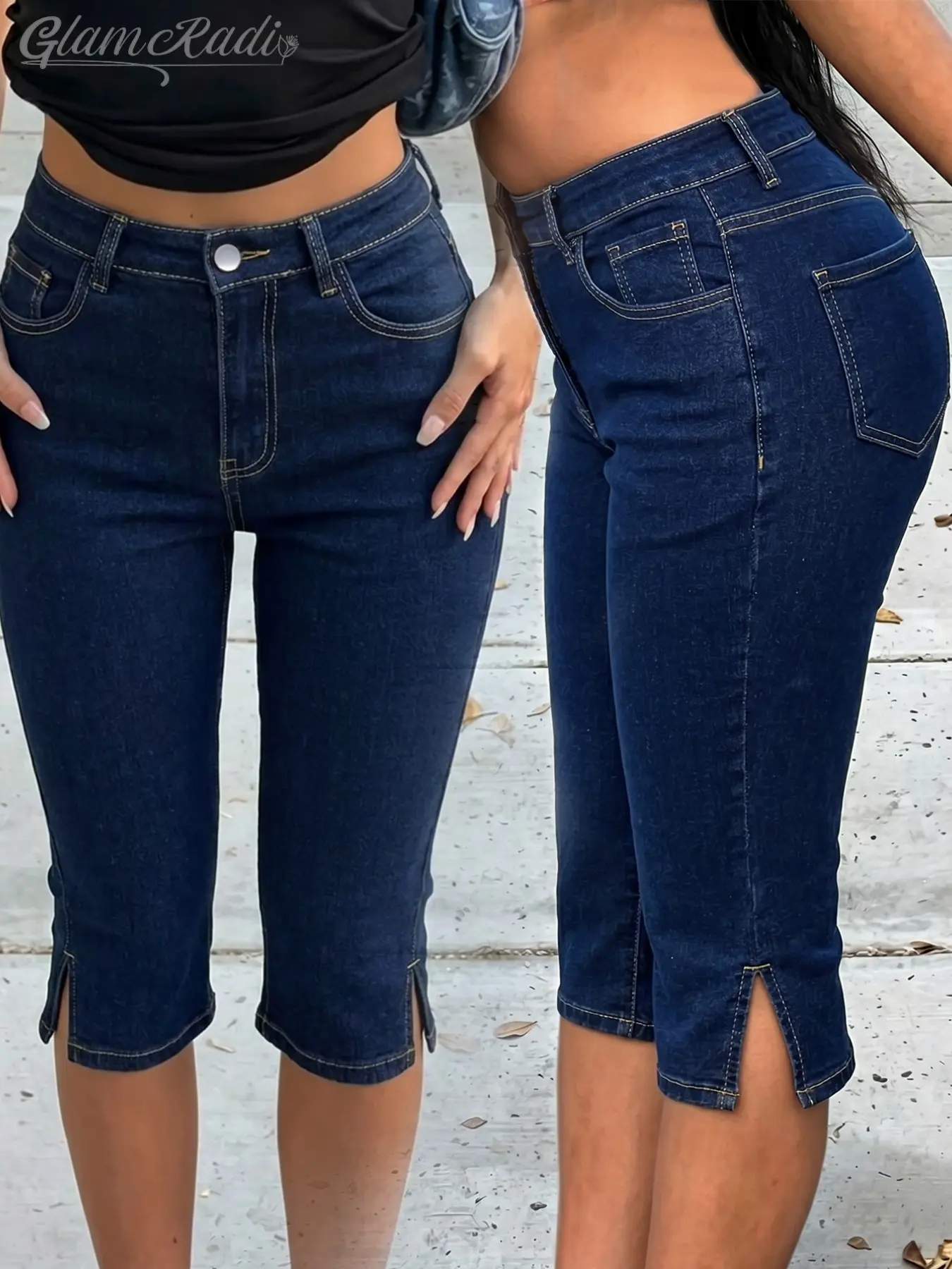 Deep Blue High-Waisted Stretchy Seven-Eleven Tight Jeans for Women, Side Split Slim Fit Butt Lift Conceal Fat Retro Style Daily Commute Casual Pants