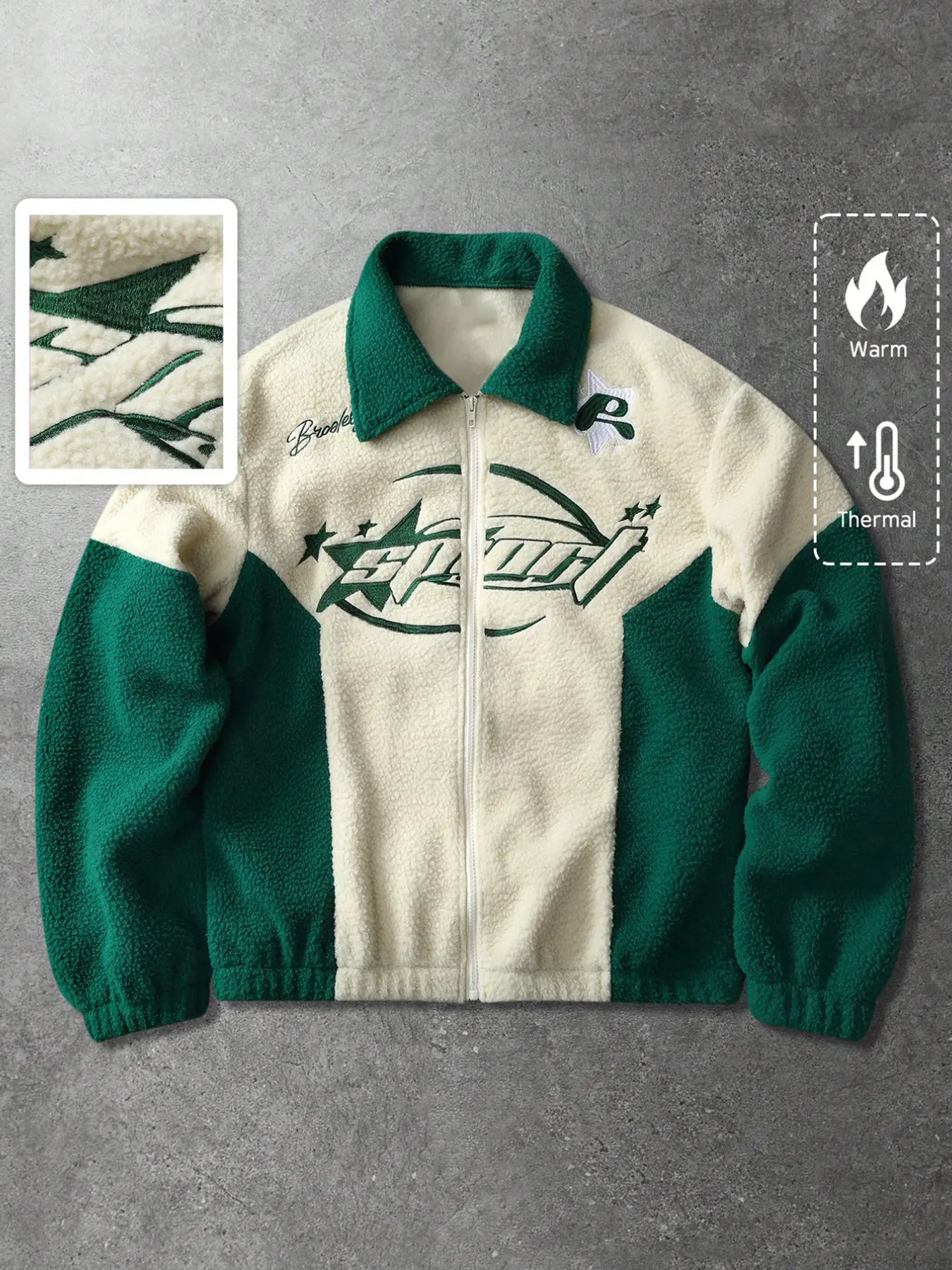 Retro Green and Cream Color Block Fleece Casual Fall Jacket | Ultra Warm Thermal Sherpa Zip Up Coat with Letter Embroidery | Cozy Skater Aesthetic Winter Streetwear Outerwear