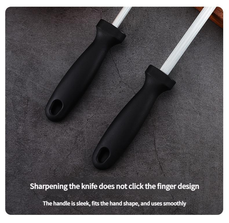 A Handheld Kitchen Knife Sharpening Tool, Featuring a Multifunctional Quick Sharpening Stone for Knives And Scissors. It Includes a High-Carbon Steel Manual Sharpening Rod with a 1500 Grit Diamond-Like Grinding Surface