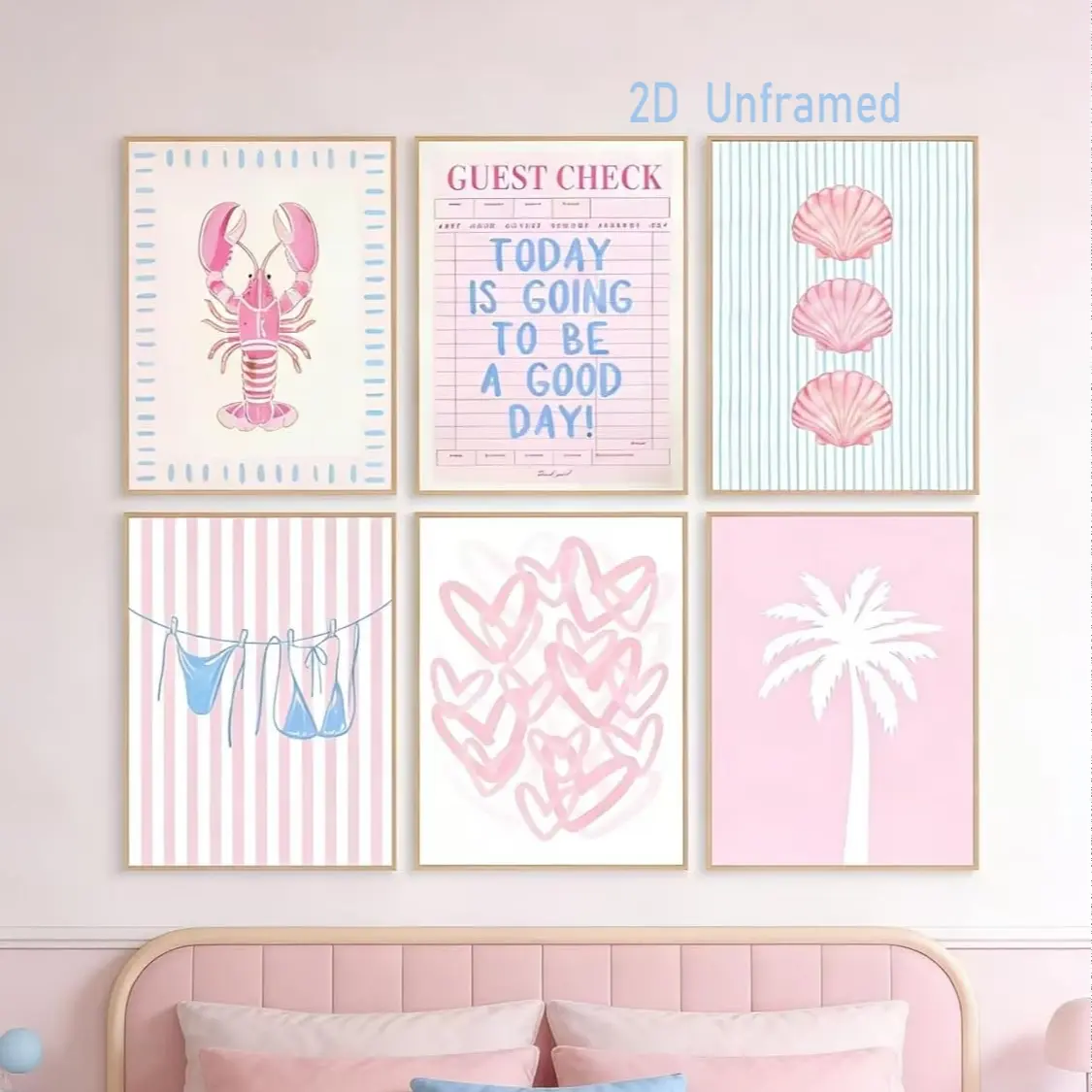 6-Piece Frameless College-Style Beach-Themed Light Blue Canvas Wall Art Set, Coastal Bikini and Seashell Art, Above Bed Wall Decor, Summer Seaside-Themed Print Poster, Artwork, Decoration Items, Perfect for Girls' Bedrooms and Dorm Rooms