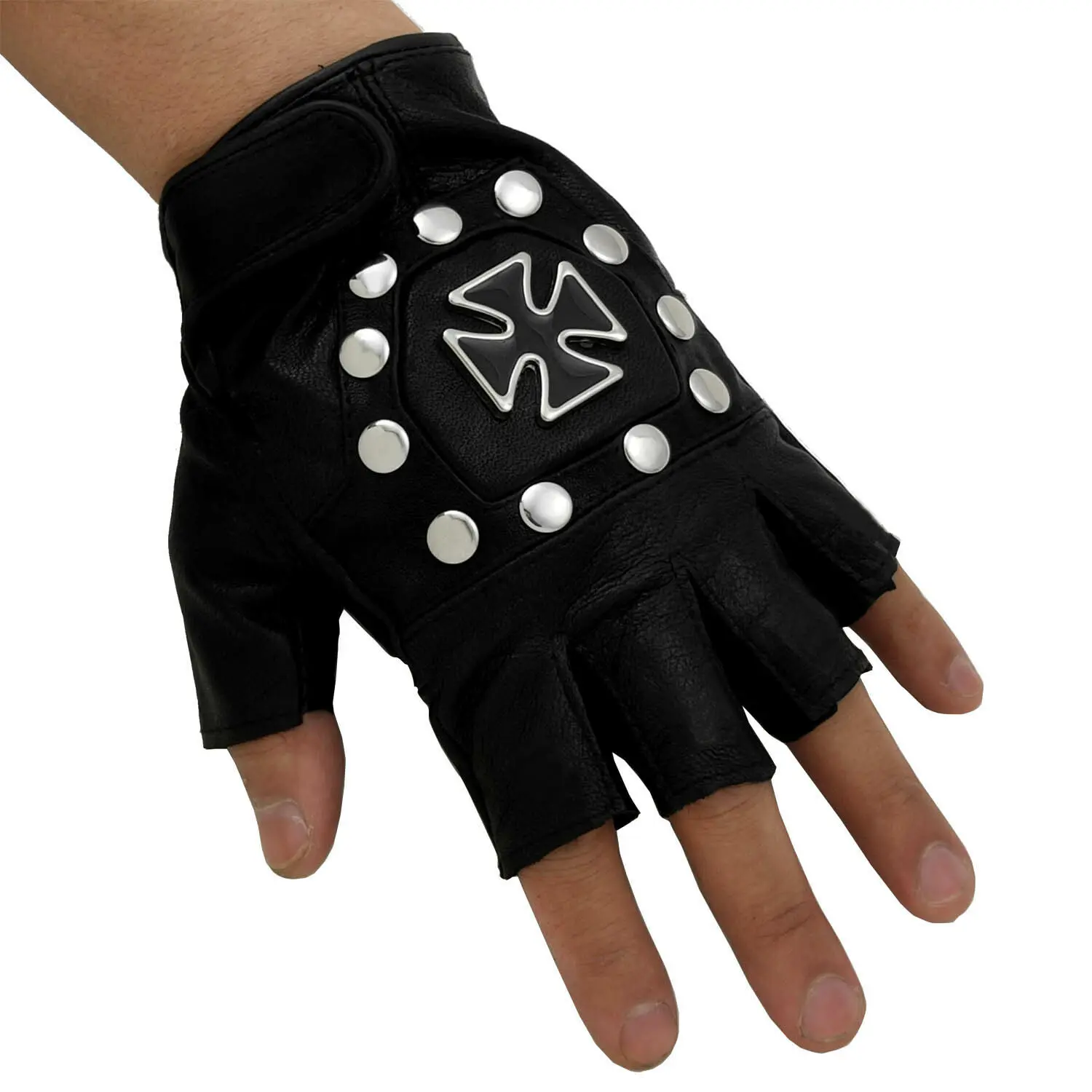 Real Leather Fingerless Gloves Men Biker Motorcycle Rock Vintage Punk