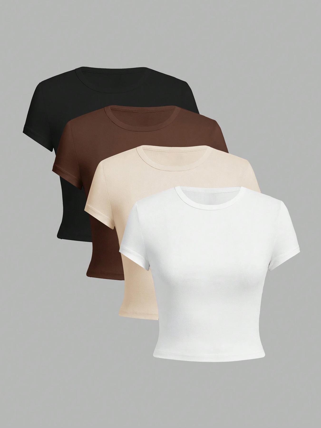Women's Solid Round Neck Crop Tee, Casual Minimalist Short Sleeve Crew Neck Basic T-shirt for Summer, Ladies Clothes for Daily Wear, Womenswear, Classic T Shirt