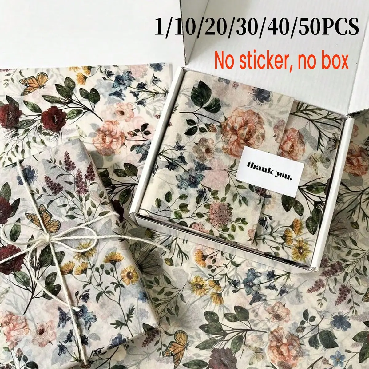 Vintage Elegant Floral Butterfly Pattern Flower Wrapping Paper, 14x20 Inches, Party Birthday Wedding Decor, Gift Wrapping, Bouquet Supplies, Holiday Gifts