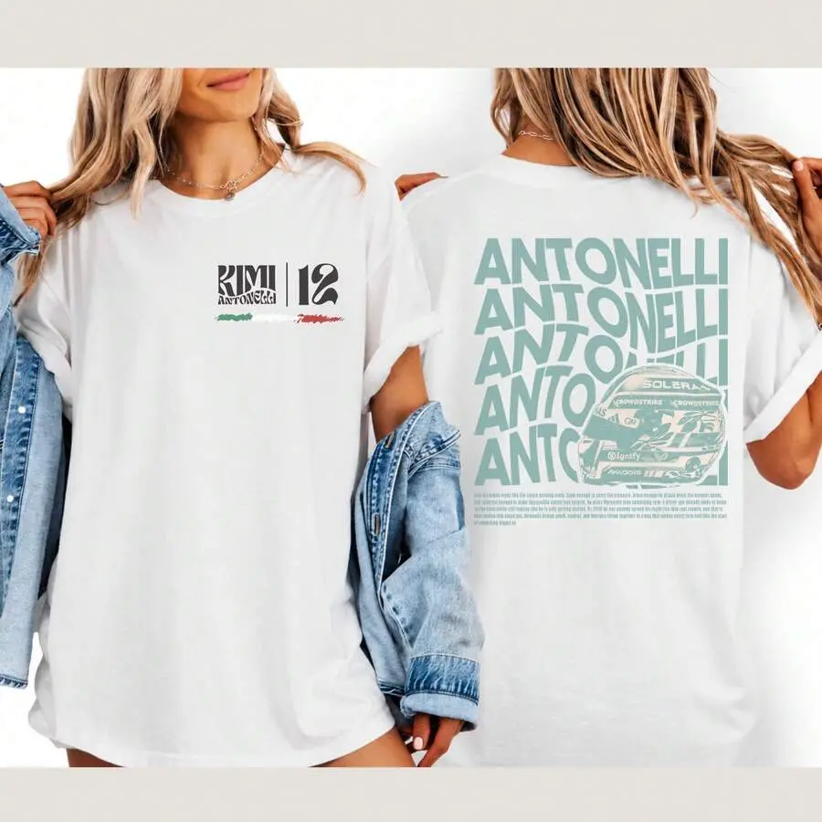 Kimi Antonelli 12 Racing Graphic Tee, Double Sided F1 Racer Helmet Print Crew Neck T-Shirt, Motorsports Casual Daily Wear Tee For Men Women Apparel T Shirt Tops