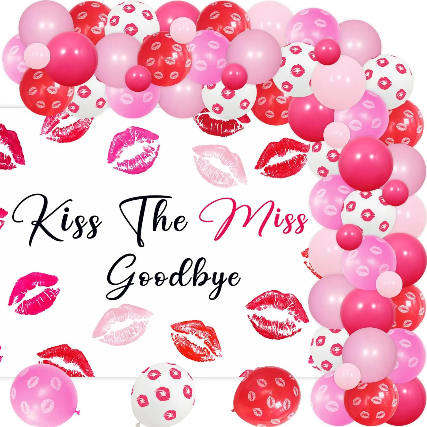 81Pcs Kiss the Miss Goodbye Bachelorette Balloon Kit - Great Value Hot Pink Garland Arch Set with Backdrop, Lips Print Red Balloons for Bridal Shower Decor, Romantic Hen Party Decoration & Photography Prop