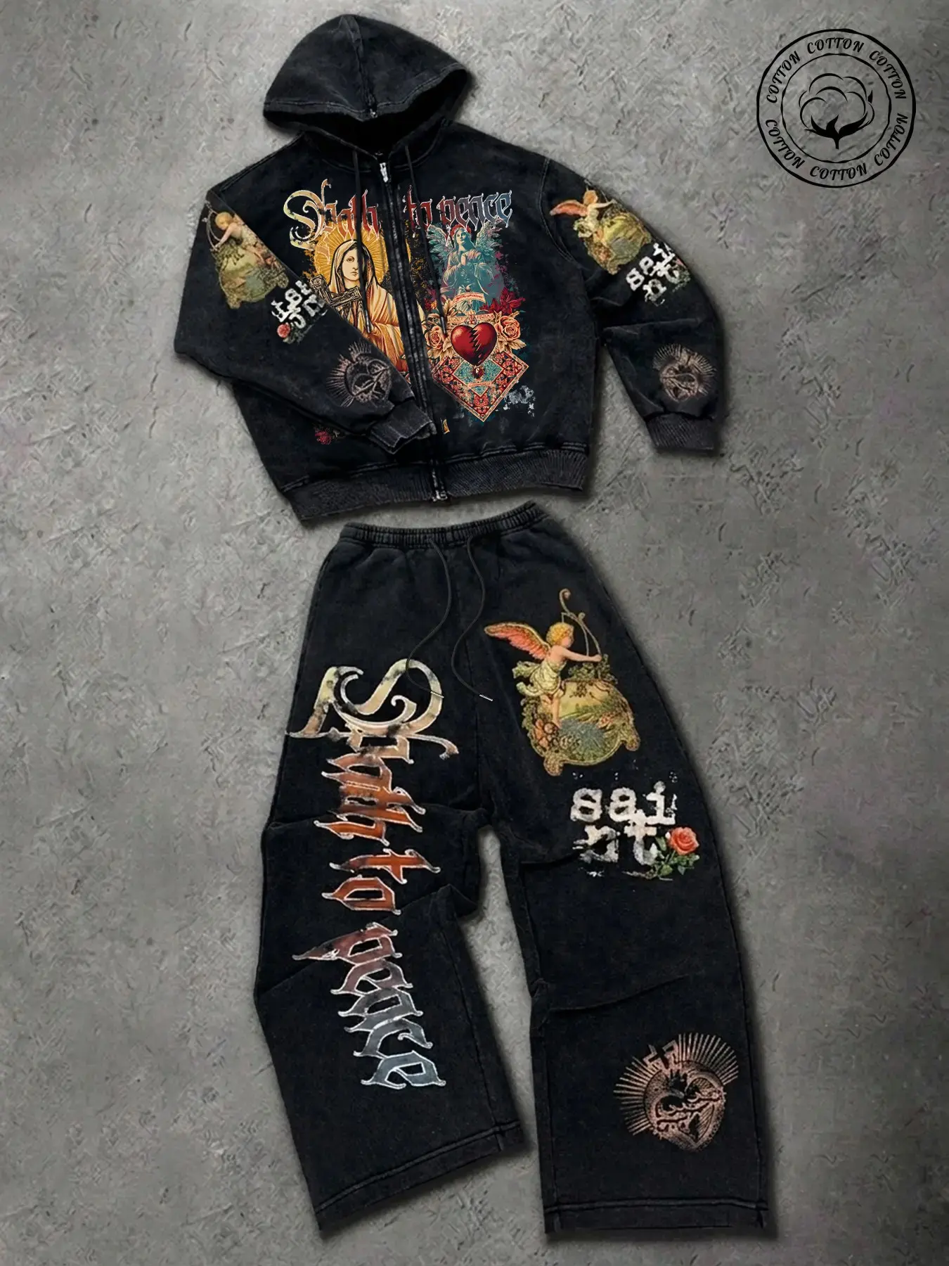 Men's Vintage Streetwear Set, Gothic Print Sweatshirt & Pants, Perfect for Skateboarding, Concerts, Nightclubs, Music Festivals