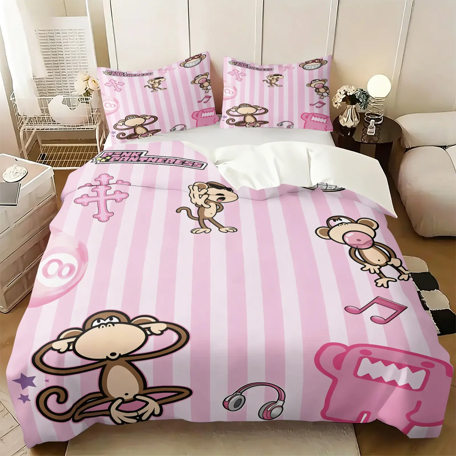 Retro Y2K Kawaii Cartoon Monke Print Duvet Cover Set, Includes 1-2 Pillowcases, Soft Skin-Friendly, Breathable, Y2K E-Girl Subculture Bedding All Size, Funny Cartoon Girls Bed Set, Perfect Gift For Teen Girls And Dorm Bedroom, Comfy Bedding Set