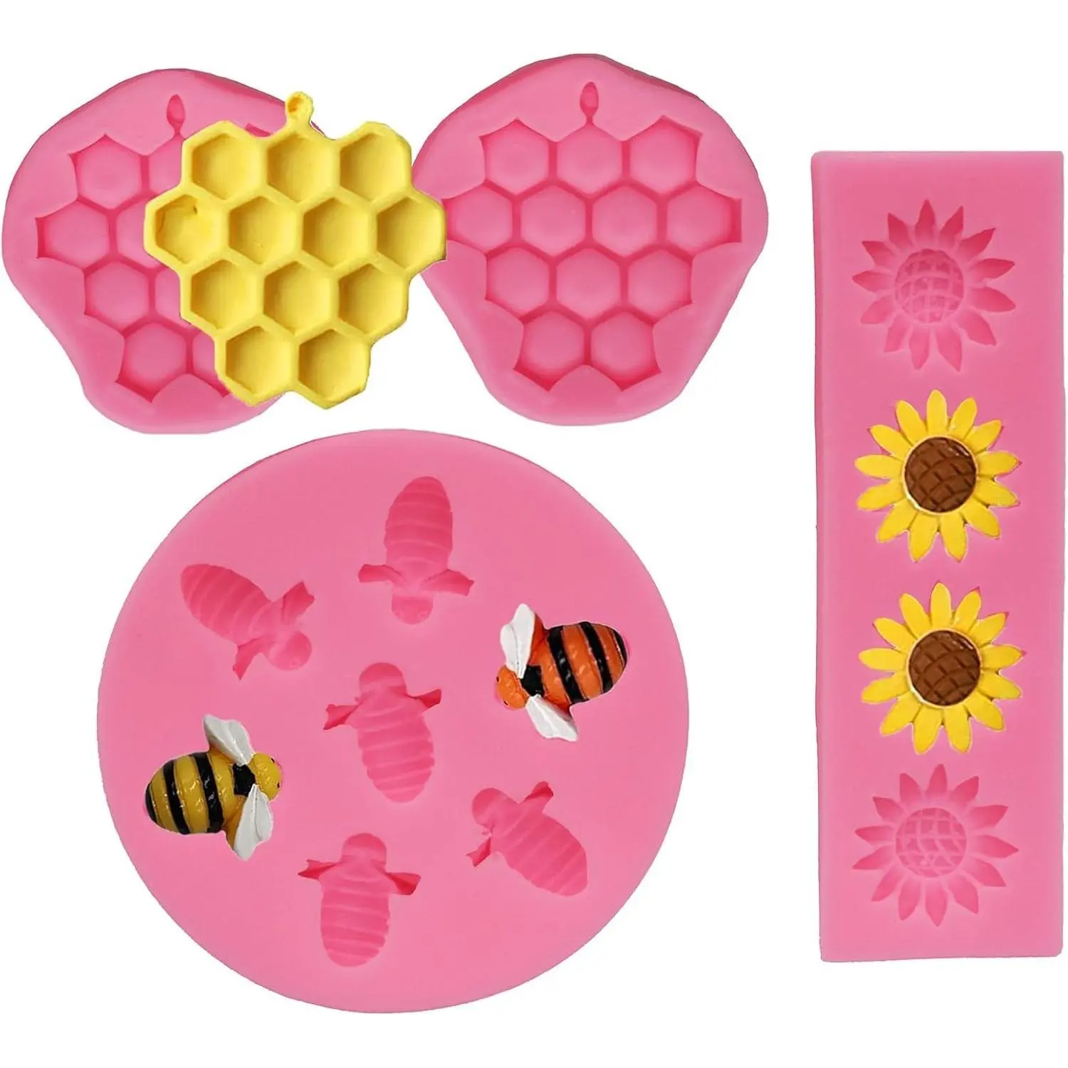 Cute Multi-Shape Round Bumble Bee Silicone Mold DIY Kits - 4 Pcs Honeycomb, Sunflower & Bee Designs for Cupcake, Wedding Cake Decor, Chocolate, Fondant, Candy, Cookies Baking (Pink), Party