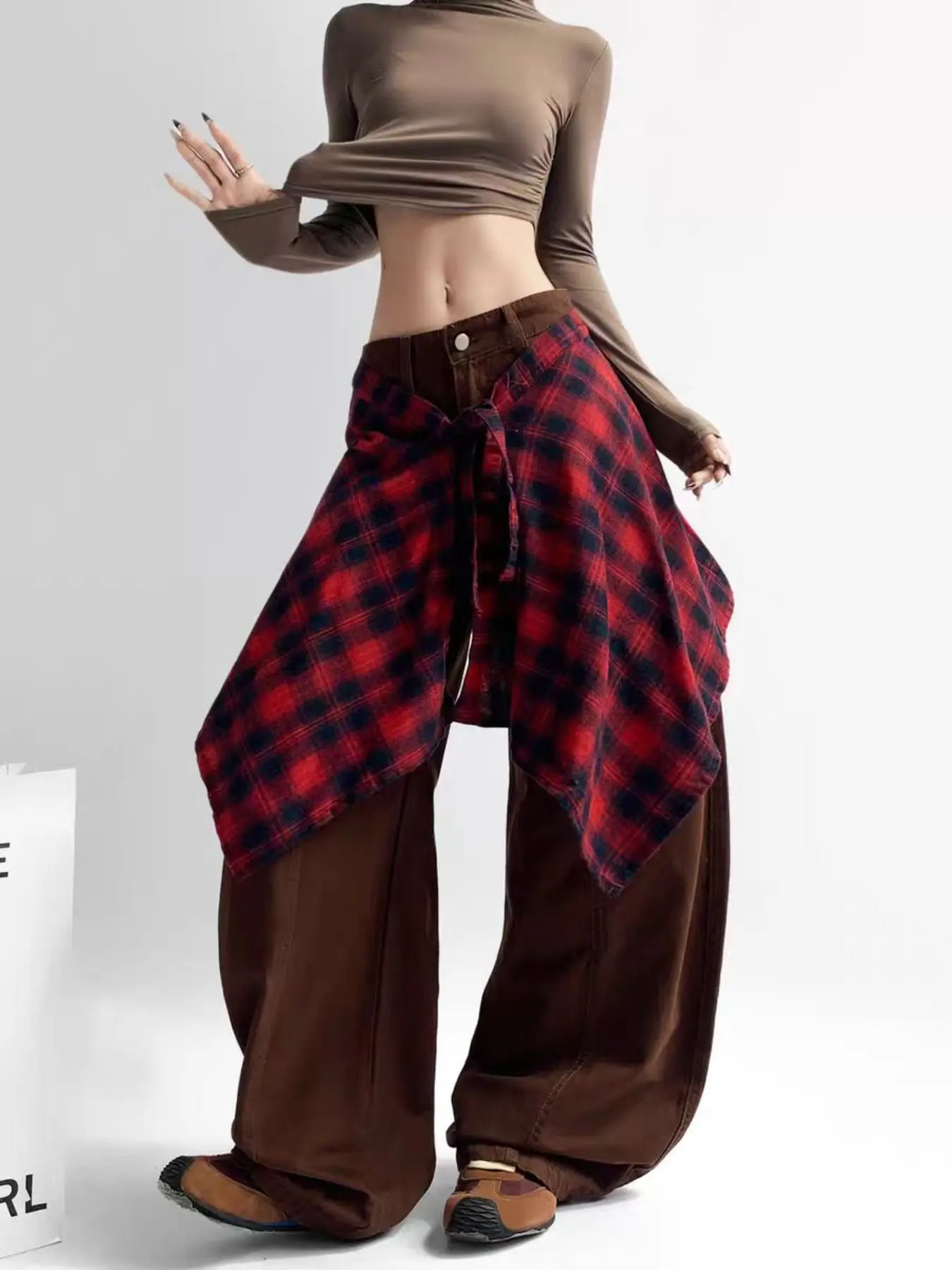 Women's Plaid Shirt Waist Belt Skirt, Asymmetric Flannel Layered Skirt, High Waist Irregular Hem Hip Hop Street Style Casual, Y2K Fashion Bottoms