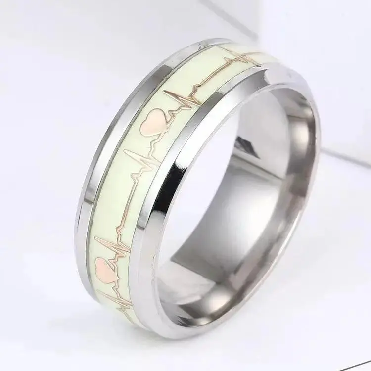 Couple's ECG Heartbeat Ring, Glow-in-the-Dark Tarnish-Resistant Stainless Steel Band, Romantic Waterproof Fashion Jewelry, Romantic Gifts, Green Glow, Ecg Hearts, Tarnish-Proof, Unisex Wear, Heart Outring Rings, Light-Up Rings