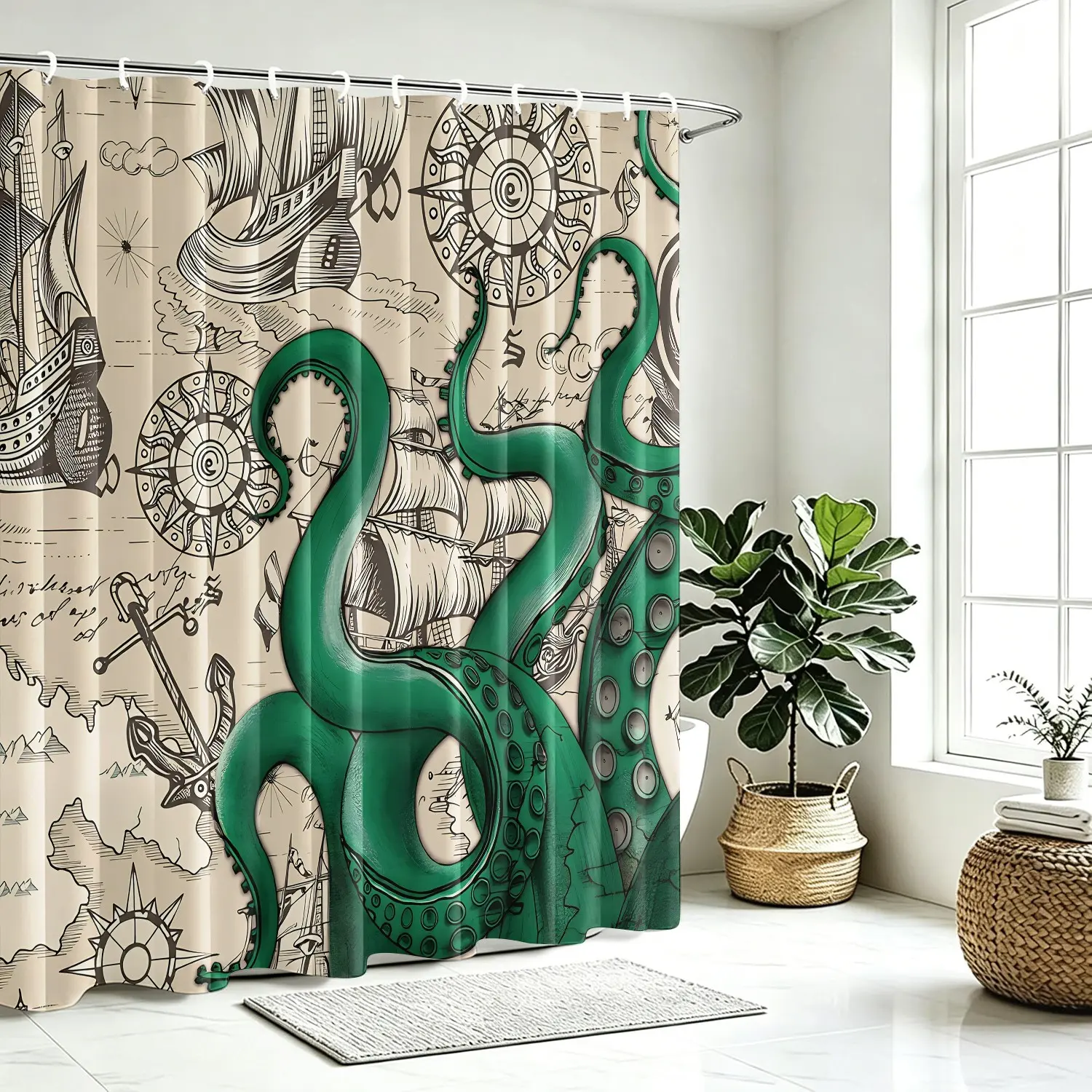 Vintage Nautical Octopus Shower Curtain, Retro Old World Map Sailboat Compass Anchor Print Bathroom Curtain, Green Giant Kraken Tentacle Waterproof Polyester Bath Curtain, Ocean Pirate Themed Bathtub Decor Curtain with Hooks