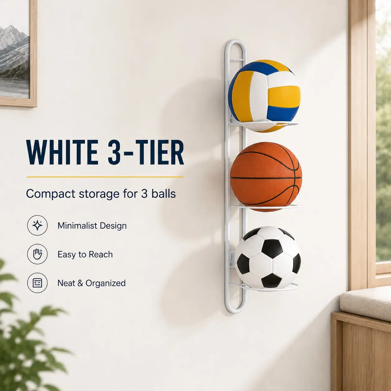 Upgrade Wall-Mounted Ball Rack, Metal Storage Shelf for Basketball, Soccer, Volleyball, Space-Saving for Garage, Home Gym