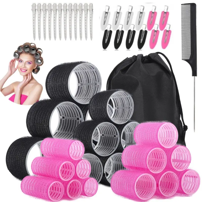 50Pcs No Heat Hair Roller Set with Clips, Jumbo Self-Grip Hair Curlers for Volumizing Long Medium Short Hair, Heatless Hair Rollers Styling Kit with Storage Bag & Comb
