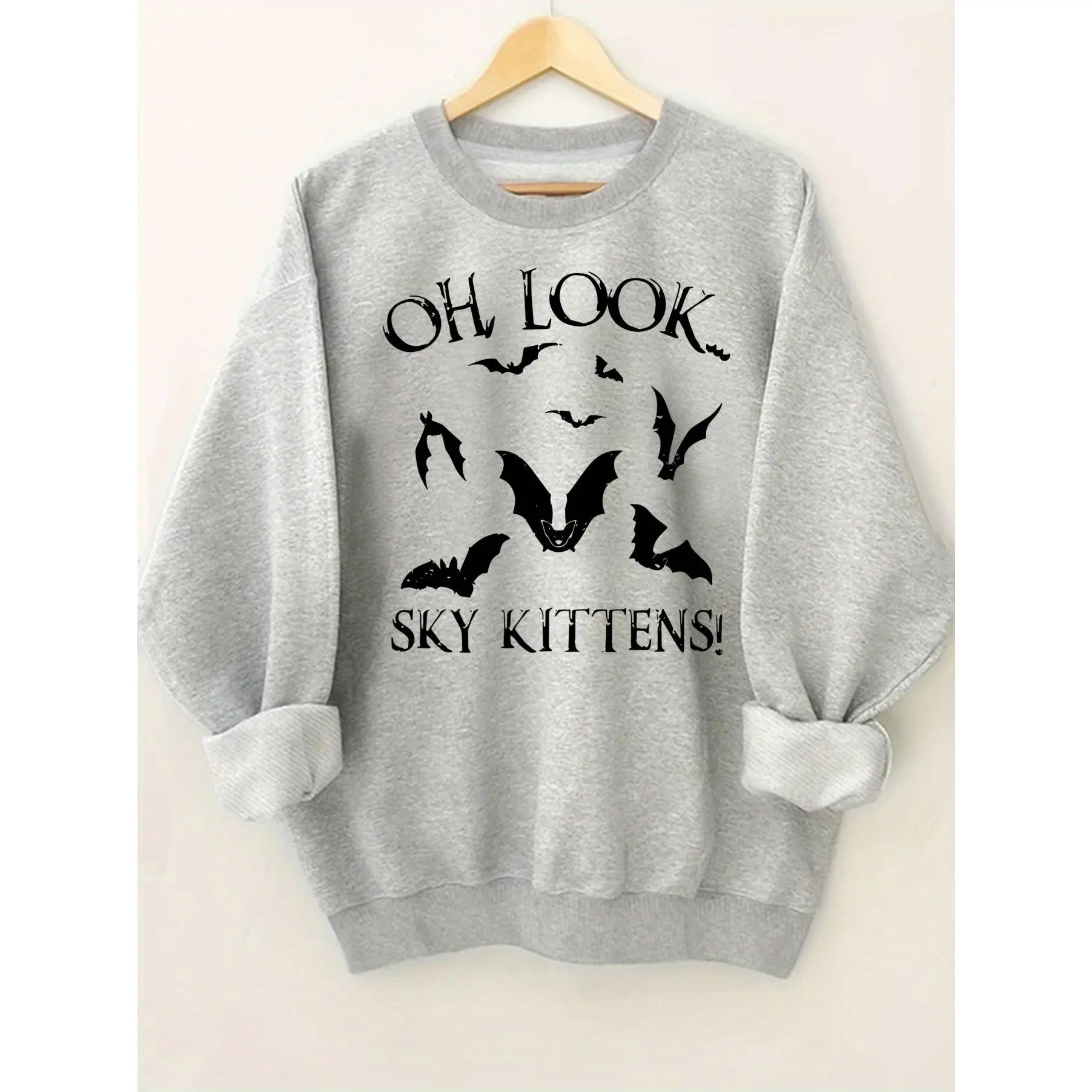Women's Funny Gothic Bat & Cat Graphic Sweatshirt - "Oh Look Sky Kittens!" Pullover with Bats & Bat Silhouettes, Soft Round Neck Casual Sweater for Casual Attire & Themed Events,