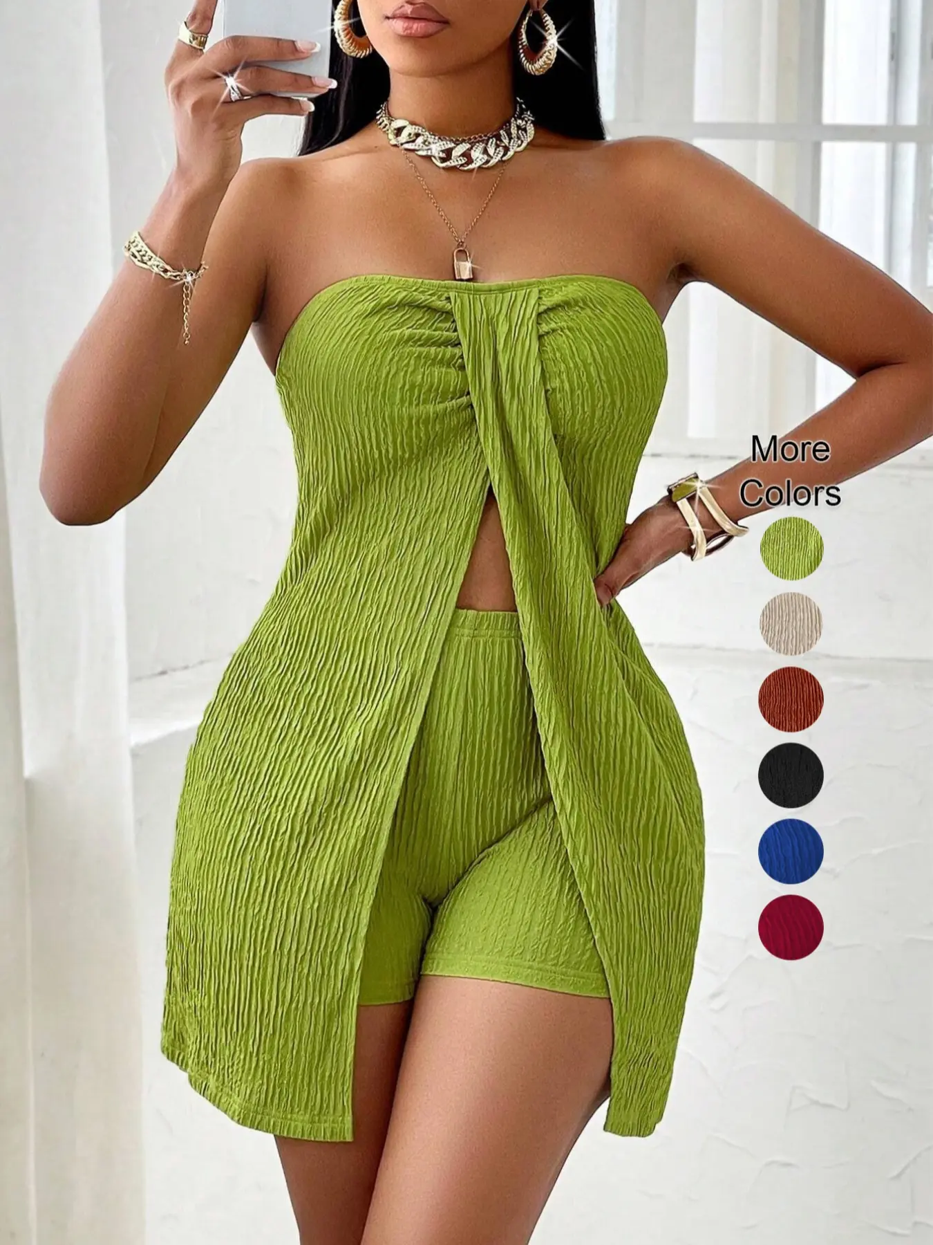 Women's Textured Fabric Twist Front Split Top and Shorts Set Outfit, Spaghetti Strap Sleeveless Two-Piece, Slim-Fit Casual Chic Fashion Wear, Clothes