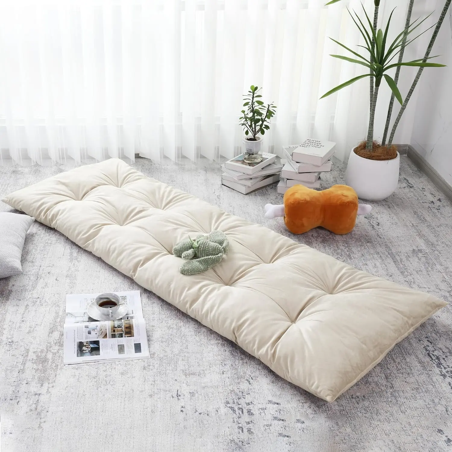 Floor Lounger Pillow,Foldable Light Thick Tufted Floor Pillow Cushion with Elasticized Webbing for Easy Storage Floor Lounger for Meditation, Playing, Yoga, Reading, Sleeping(Beige White)