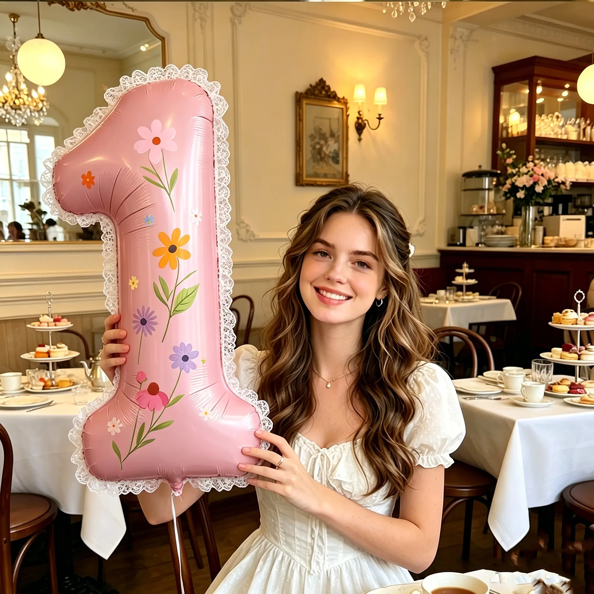 40-Inch Large Number Balloon Set, Aluminum Foil Balloons 0-9, Lace Ribbon, DIY Floral Stickers, Party Decorations