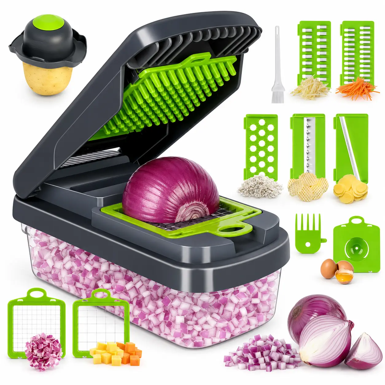 12-in-1 Vegetable Chopper with 7 Blades, Multifunctional Onion Cutter, and Mandoline Slicer with Container for Salad, Potato, Carrot, and Garlic