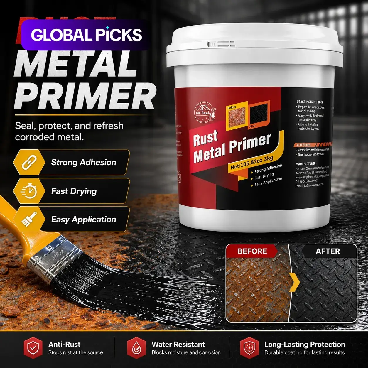 Rust-Proof Paint (1kg, 3kg) for Steel and Aluminum, High-Temperature-Resistant Fast-Drying Metal Paint for Garage Doors, Pipes, Car Parts and Machinery #GLOBAL PICKS