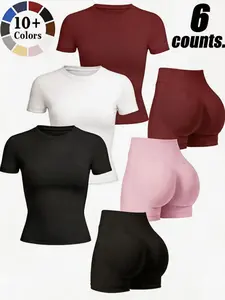 Women's Sporty Plain Suit, High-Waisted Comfortable Shorts & Quick-Dry T-Shirt Set, Ideal for Gym & Daily Wear, Four-Season Fashion, Athletic Set, Quick Dry Outfits, Quick Dry Activewear